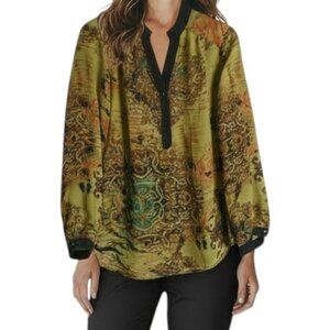 DRESSBARN Olive Green Black Patterned V Neck Long Sleeve Blouse - Size L